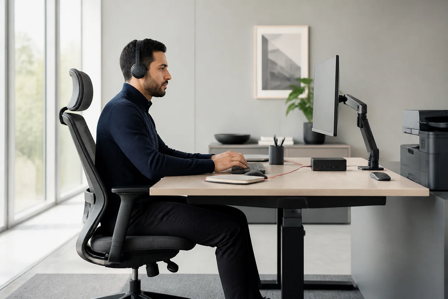Collaborateur installé à un poste de travail ergonomique et équipé